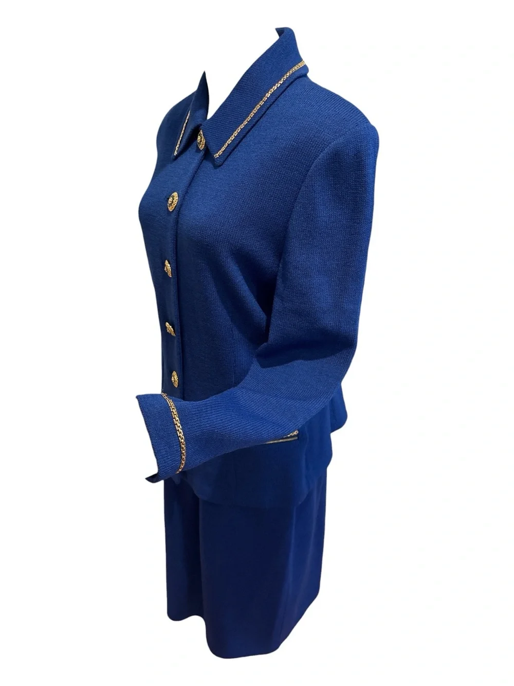 90s ST JOHN COLLECTION MARIE GRAY ROYAL BLUE SANTANA KNIT SKIRT SUIT SZ 12